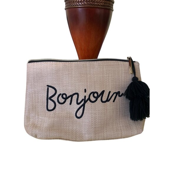 💖Lancôme Bonjour Embroidered Straw Cosmetic Bag With Black Tassel, Zipper Closur - Picture 1 of 3
